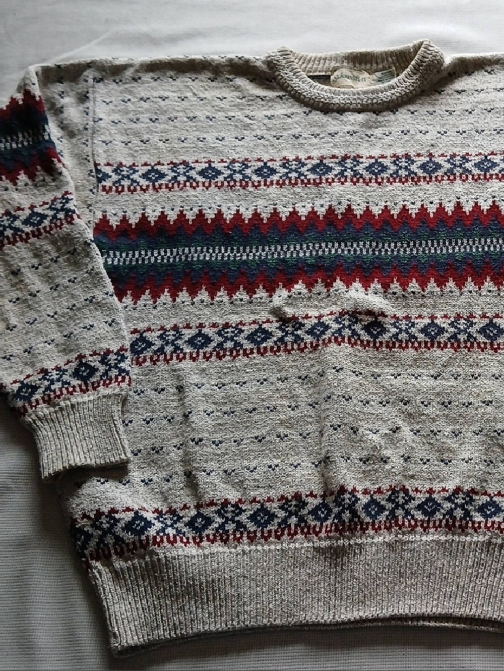 St. John's Bay Cream Crewneck Sweater with Red, Navy & Green Fair Isle